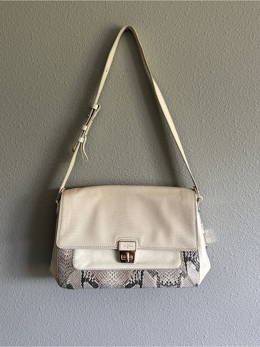 Cole Haan Cream Shoulder Bag with Snake-Print Trim